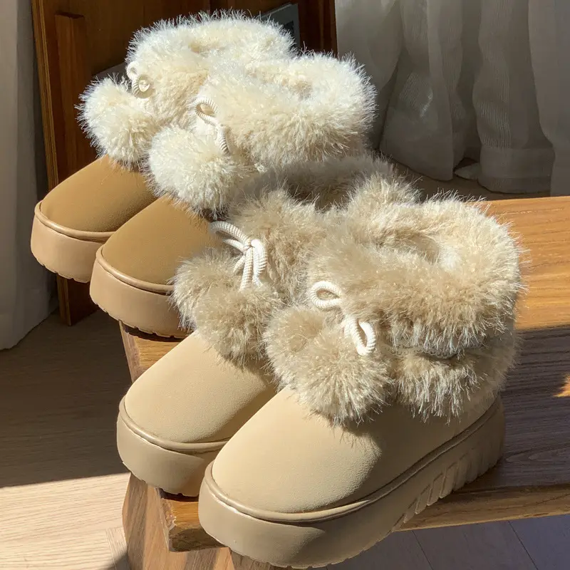 New Thick-Soled Height-Increasing Double-Ball Lace-Edged Fur-Mouthed Cotton Shoes for Women in Autumn and Winter Fleece-Lined Warm Anti-Slip High-Top Snow Boots
