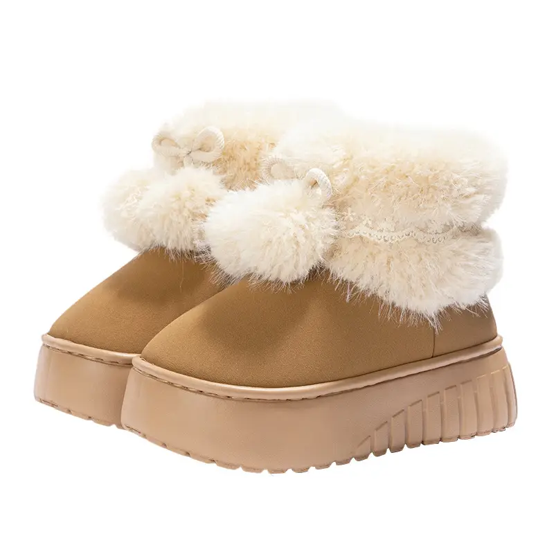 New Thick-Soled Height-Increasing Double-Ball Lace-Edged Fur-Mouthed Cotton Shoes for Women in Autumn and Winter Fleece-Lined Warm Anti-Slip High-Top Snow Boots