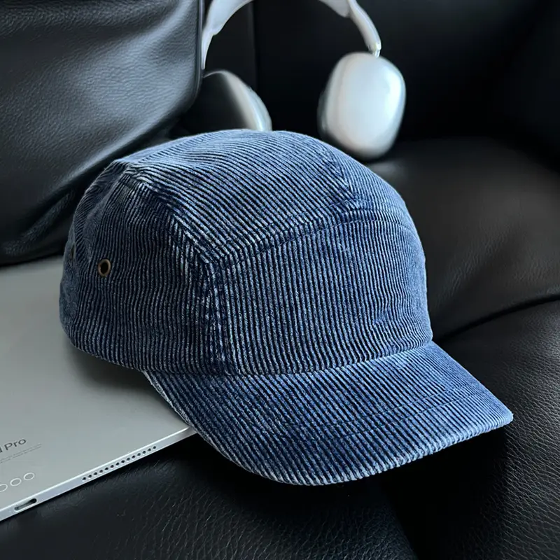 Women Blue Striped Corduroy Cap with Short Brim - Image 5