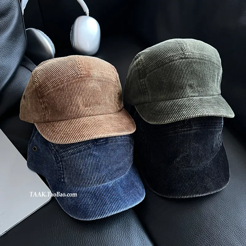 Women Blue Striped Corduroy Cap with Short Brim — feature 1