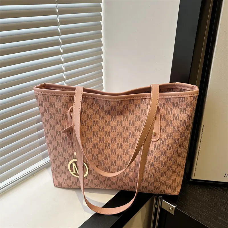 Women's Printed Large Tote Bag Pink Monogram Design — feature 16