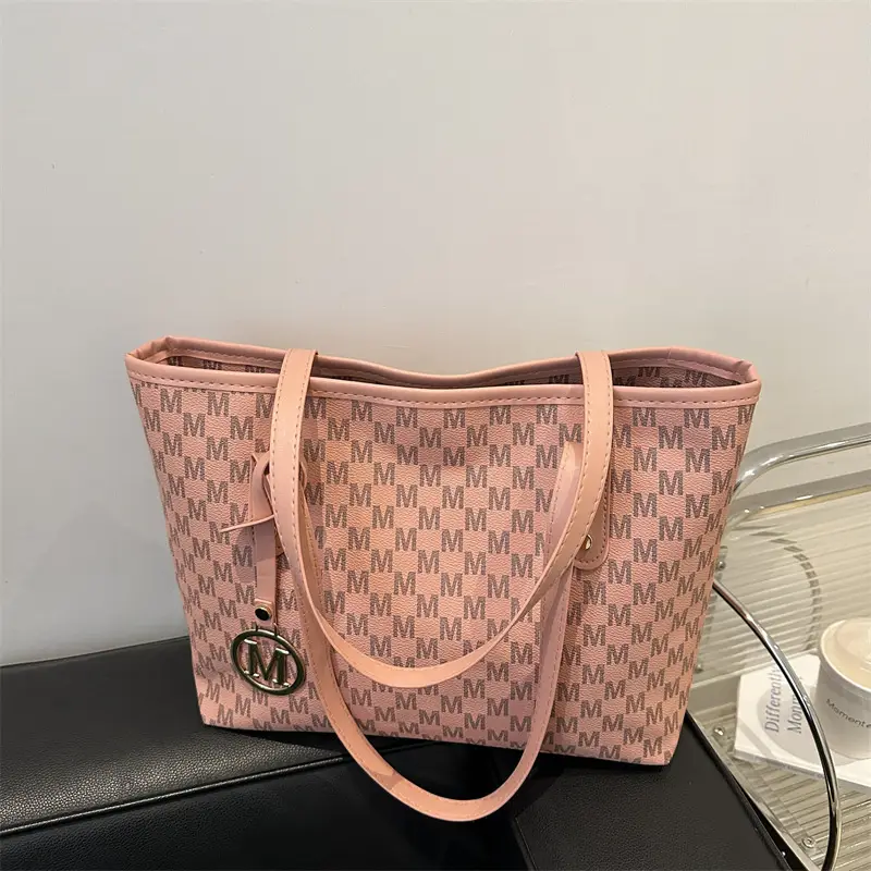 Women's Printed Large Tote Bag Pink Monogram Design — feature 19