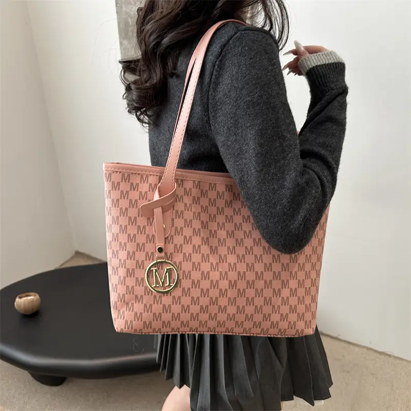 Women's Printed Large Tote Bag Pink Monogram Design — feature 2