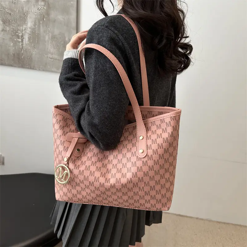 Women's Printed Large Tote Bag Pink Monogram Design — feature 21