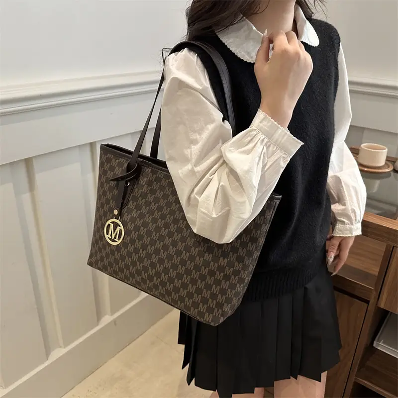 Women's Printed Large Tote Bag Pink Monogram Design — feature 24