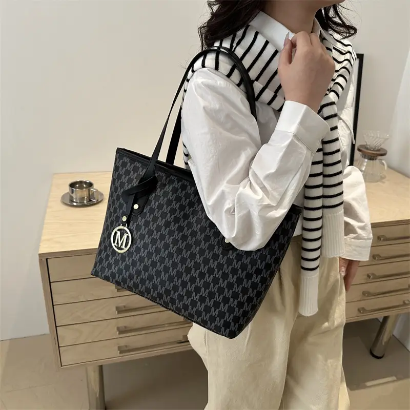 Women's Printed Large Tote Bag Pink Monogram Design — feature 26