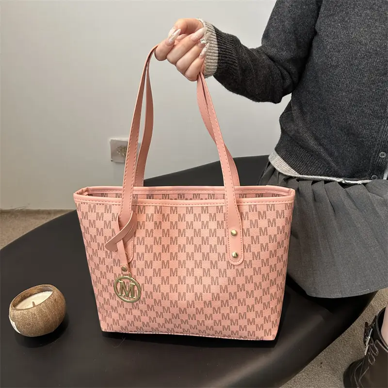 Women's Printed Large Tote Bag Pink Monogram Design - Image 2