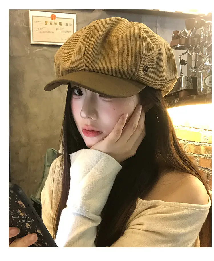 Vintage Corduroy Beret for Women Autumn Winter Face Slim Duckbill Cap — feature 10