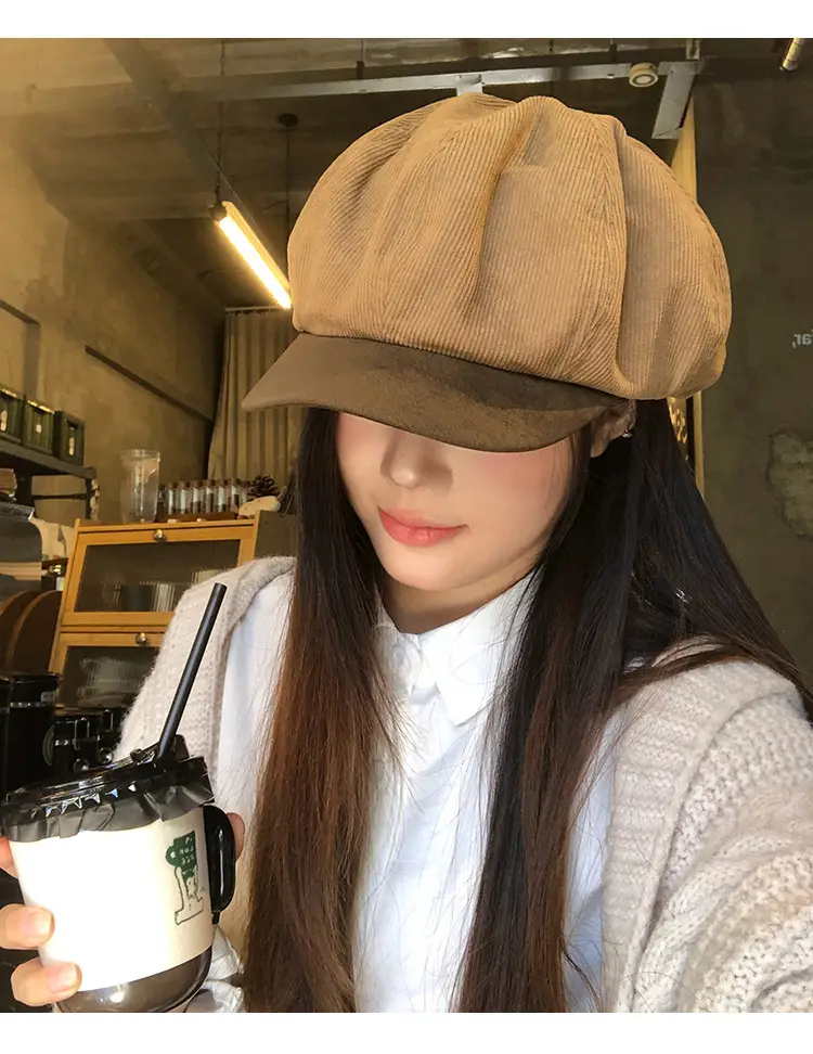 Vintage Corduroy Beret for Women Autumn Winter Face Slim Duckbill Cap — feature 11