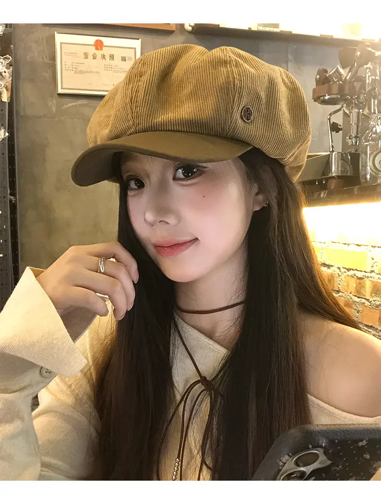 Vintage Corduroy Beret for Women Autumn Winter Face Slim Duckbill Cap — feature 12