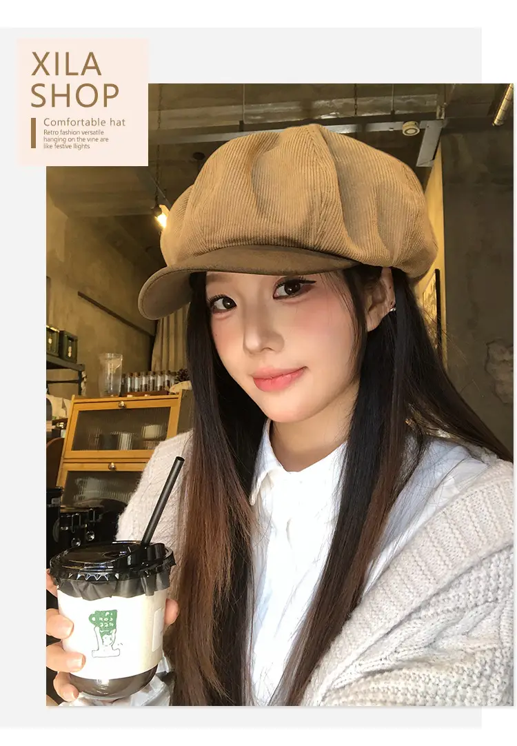 Vintage Corduroy Beret for Women Autumn Winter Face Slim Duckbill Cap — feature 4