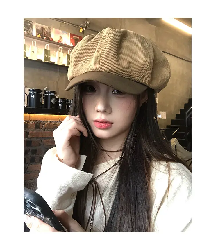 Vintage Corduroy Beret for Women Autumn Winter Face Slim Duckbill Cap — feature 8
