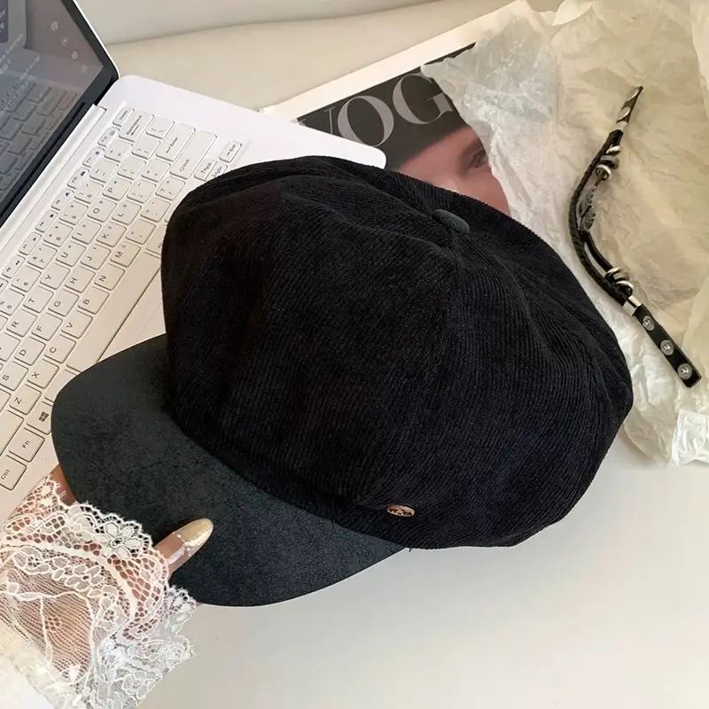 Vintage Corduroy Beret for Women Autumn Winter Face Slim Duckbill Cap - Image 4