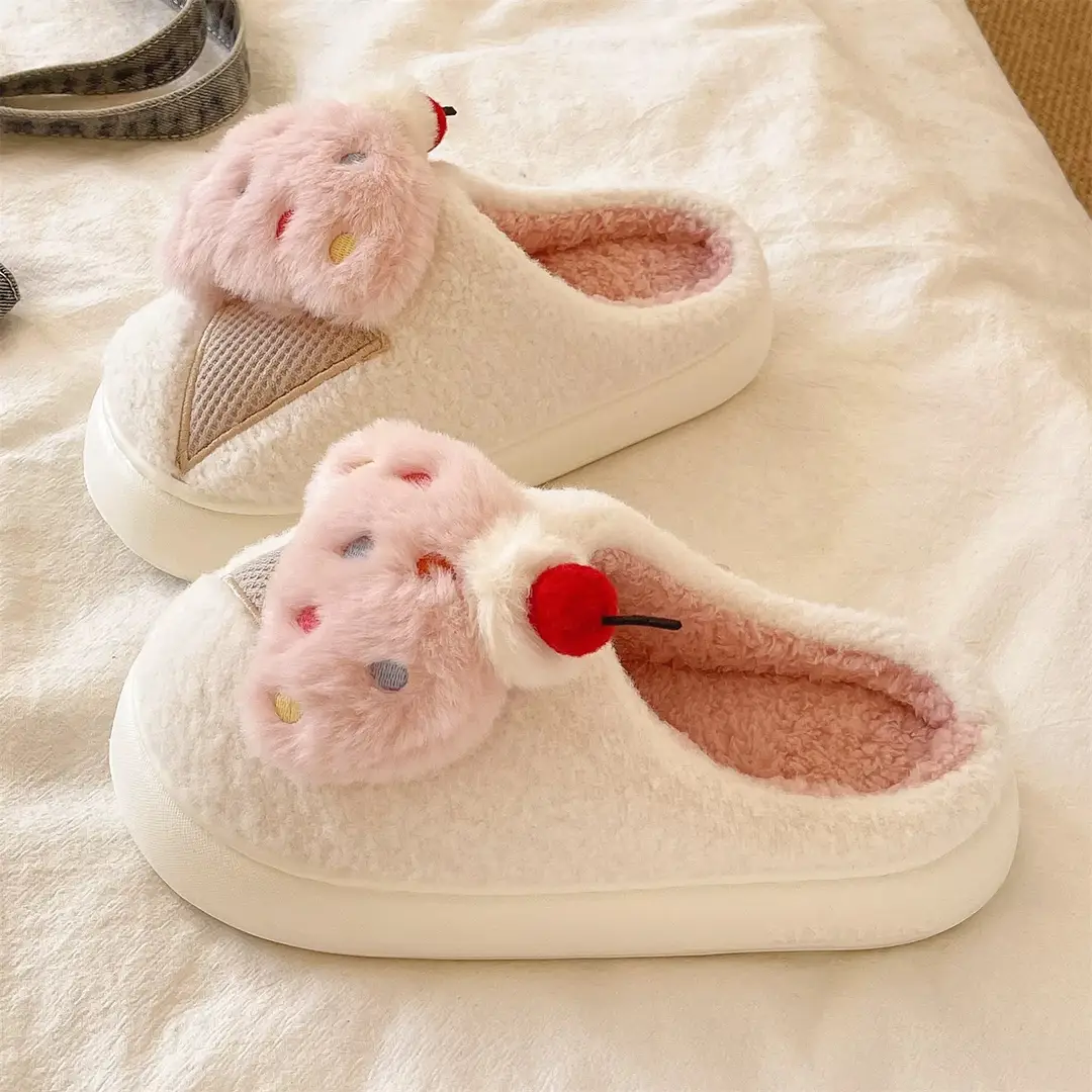 Cute Ice Cream Furry Shoes for Women to Wear in Winter Thick-Soled Non-Slip Home Indoor Warm Toe Plush Cotton Slippers - Image 4