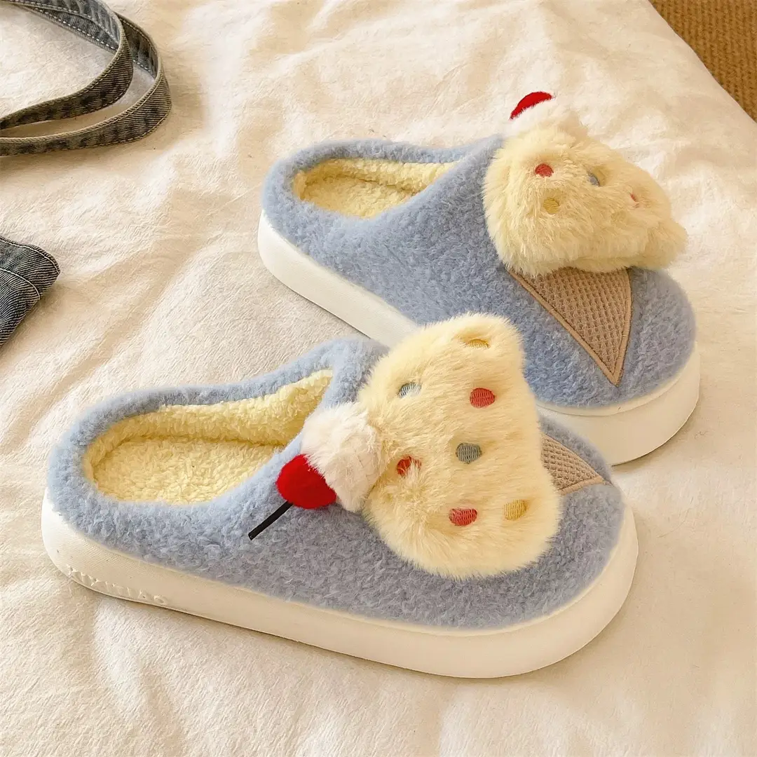 Cute Ice Cream Furry Shoes for Women to Wear in Winter Thick-Soled Non-Slip Home Indoor Warm Toe Plush Cotton Slippers - Image 5