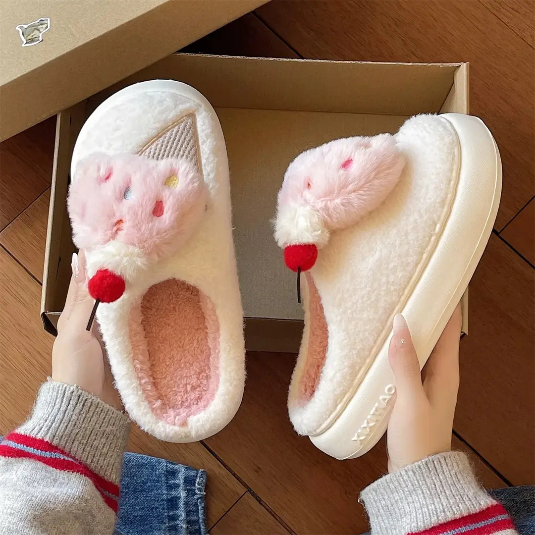 Cute Ice Cream Furry Shoes for Women to Wear in Winter Thick-Soled Non-Slip Home Indoor Warm Toe Plush Cotton Slippers - Image 6