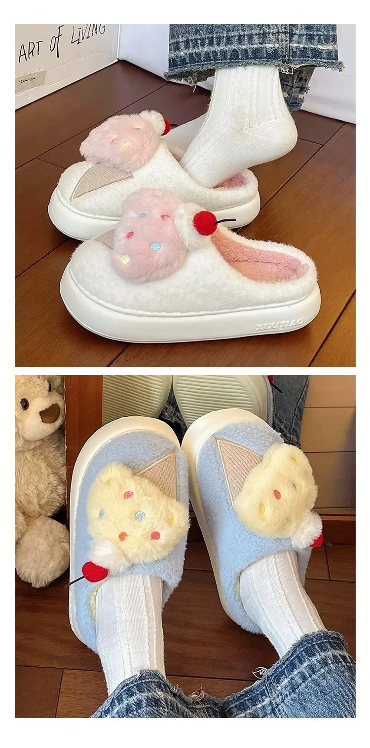 Cute Ice Cream Furry Shoes for Women to Wear in Winter Thick-Soled Non-Slip Home Indoor Warm Toe Plush Cotton Slippers — feature 10