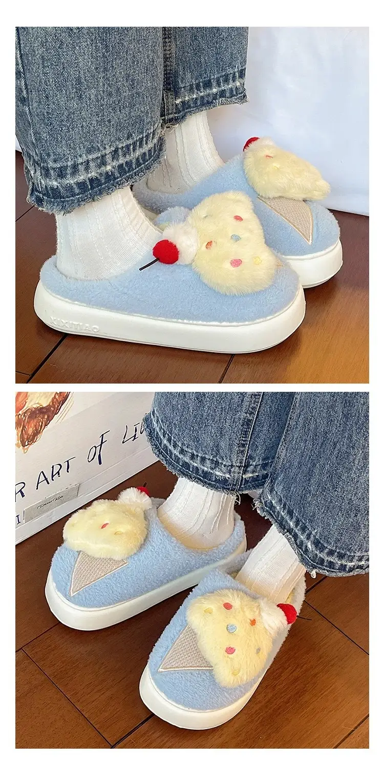 Cute Ice Cream Furry Shoes for Women to Wear in Winter Thick-Soled Non-Slip Home Indoor Warm Toe Plush Cotton Slippers — feature 11