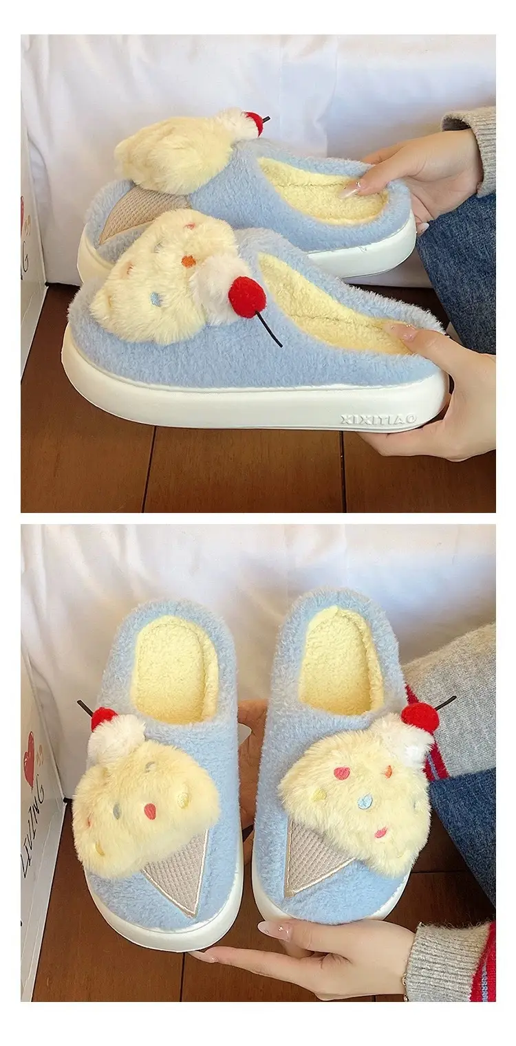 Cute Ice Cream Furry Shoes for Women to Wear in Winter Thick-Soled Non-Slip Home Indoor Warm Toe Plush Cotton Slippers — feature 12