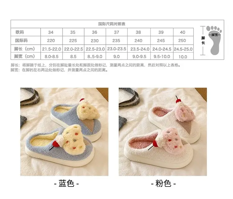 Cute Ice Cream Furry Shoes for Women to Wear in Winter Thick-Soled Non-Slip Home Indoor Warm Toe Plush Cotton Slippers — feature 2