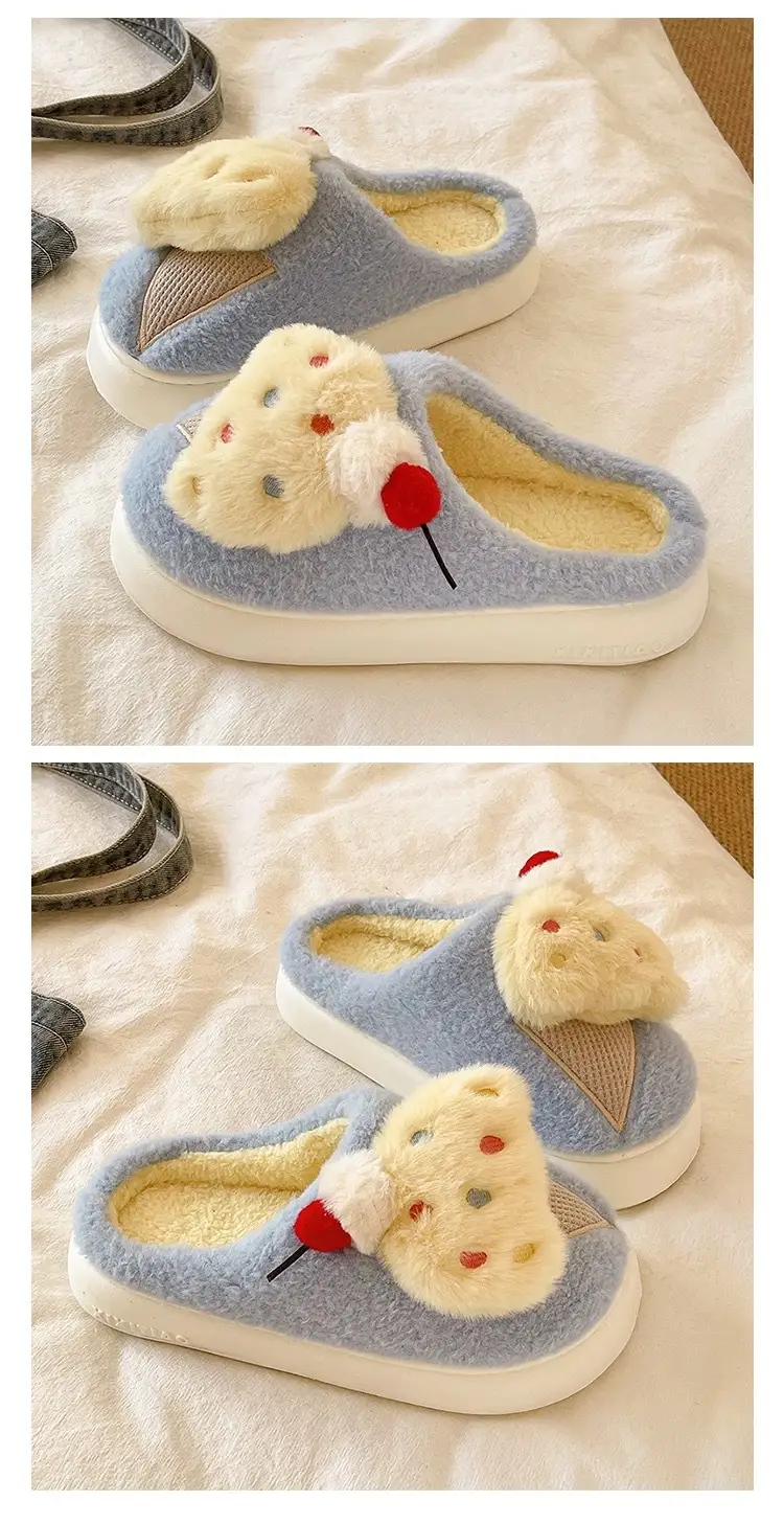 Cute Ice Cream Furry Shoes for Women to Wear in Winter Thick-Soled Non-Slip Home Indoor Warm Toe Plush Cotton Slippers — feature 3