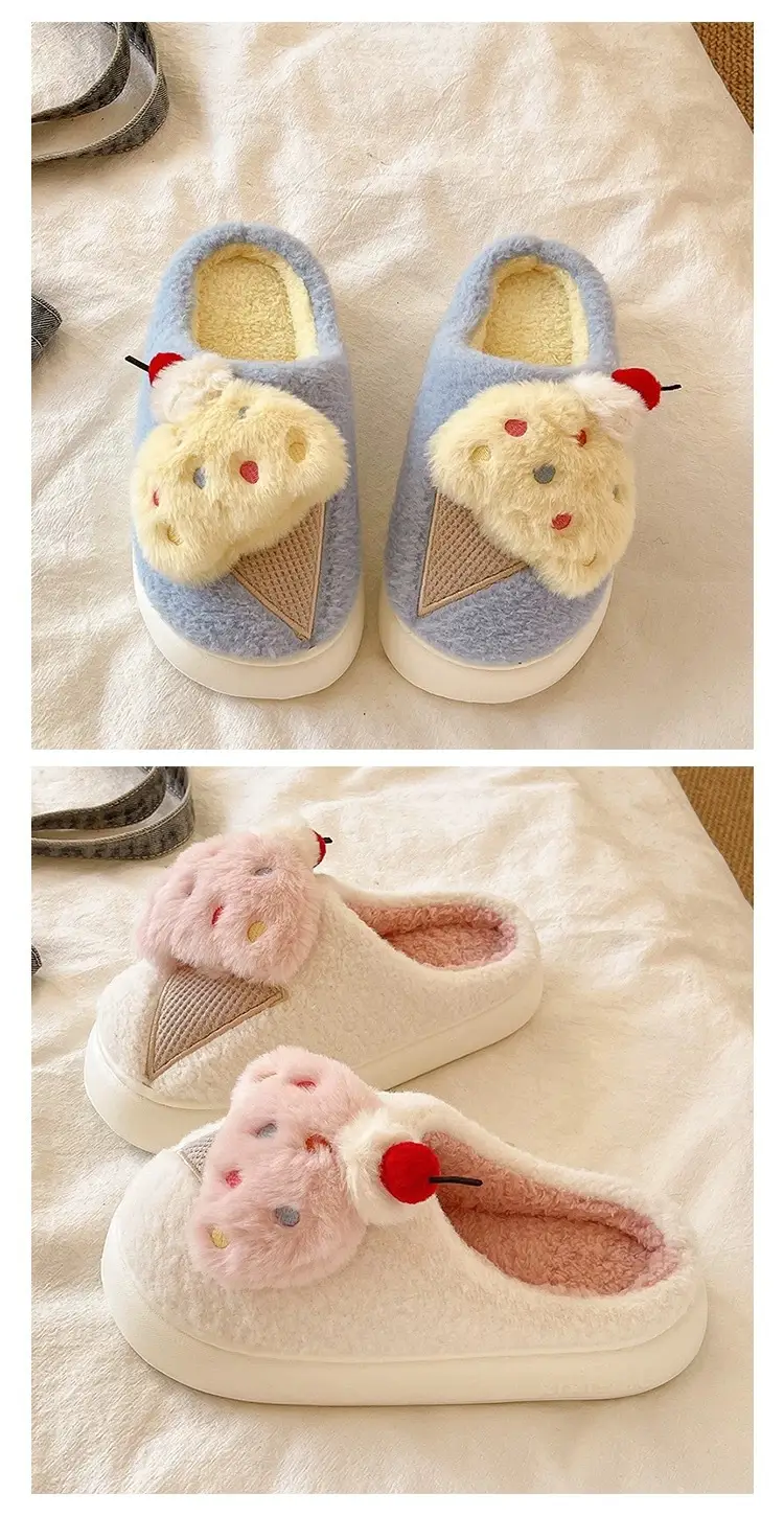 Cute Ice Cream Furry Shoes for Women to Wear in Winter Thick-Soled Non-Slip Home Indoor Warm Toe Plush Cotton Slippers — feature 4