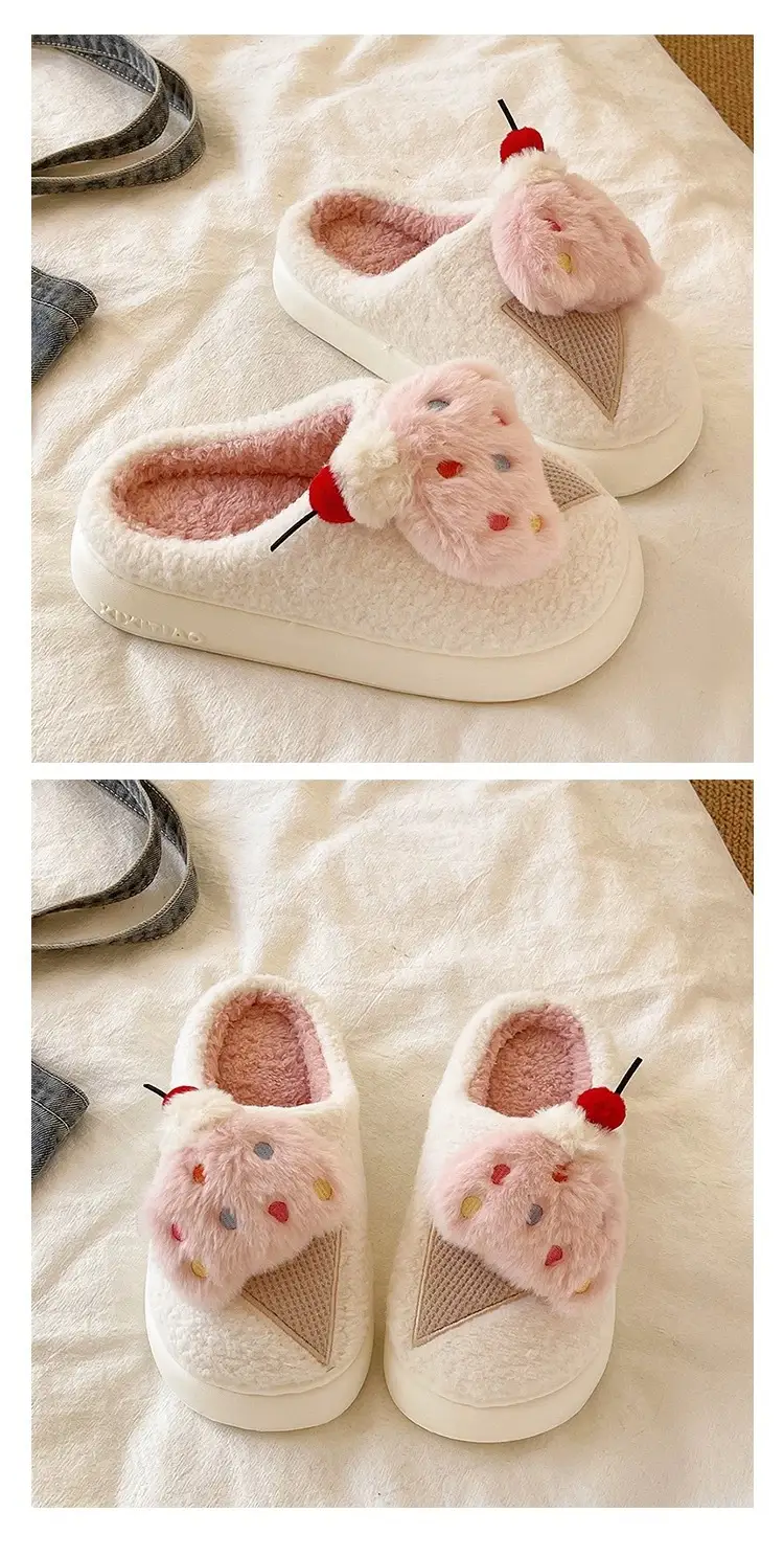 Cute Ice Cream Furry Shoes for Women to Wear in Winter Thick-Soled Non-Slip Home Indoor Warm Toe Plush Cotton Slippers — feature 5