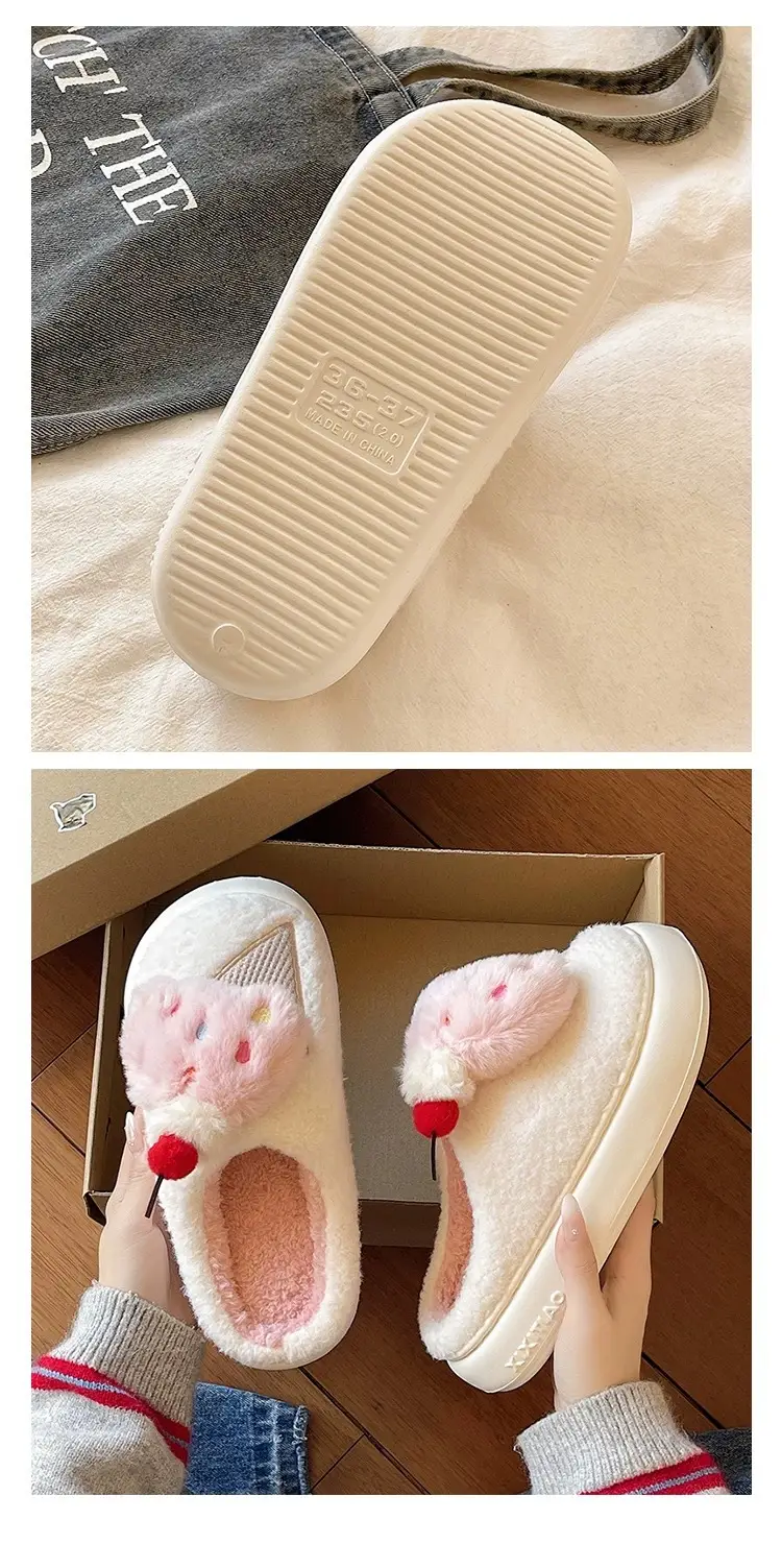 Cute Ice Cream Furry Shoes for Women to Wear in Winter Thick-Soled Non-Slip Home Indoor Warm Toe Plush Cotton Slippers — feature 7