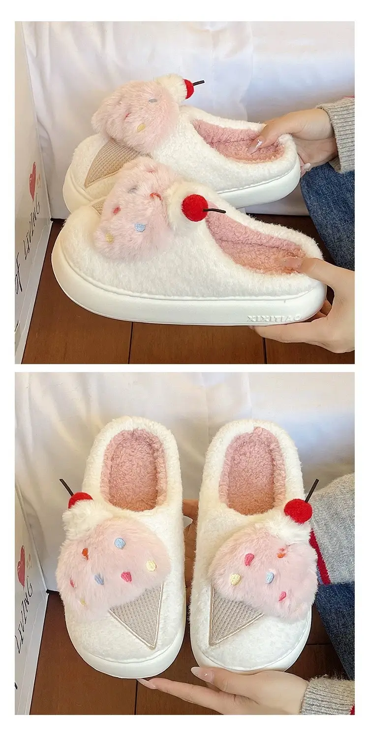 Cute Ice Cream Furry Shoes for Women to Wear in Winter Thick-Soled Non-Slip Home Indoor Warm Toe Plush Cotton Slippers — feature 8