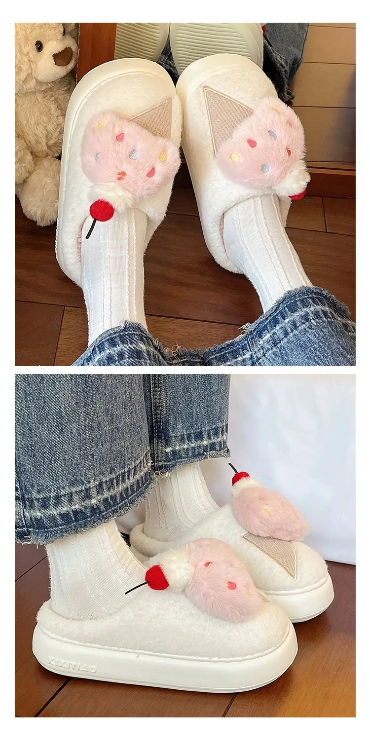 Cute Ice Cream Furry Shoes for Women to Wear in Winter Thick-Soled Non-Slip Home Indoor Warm Toe Plush Cotton Slippers — feature 9