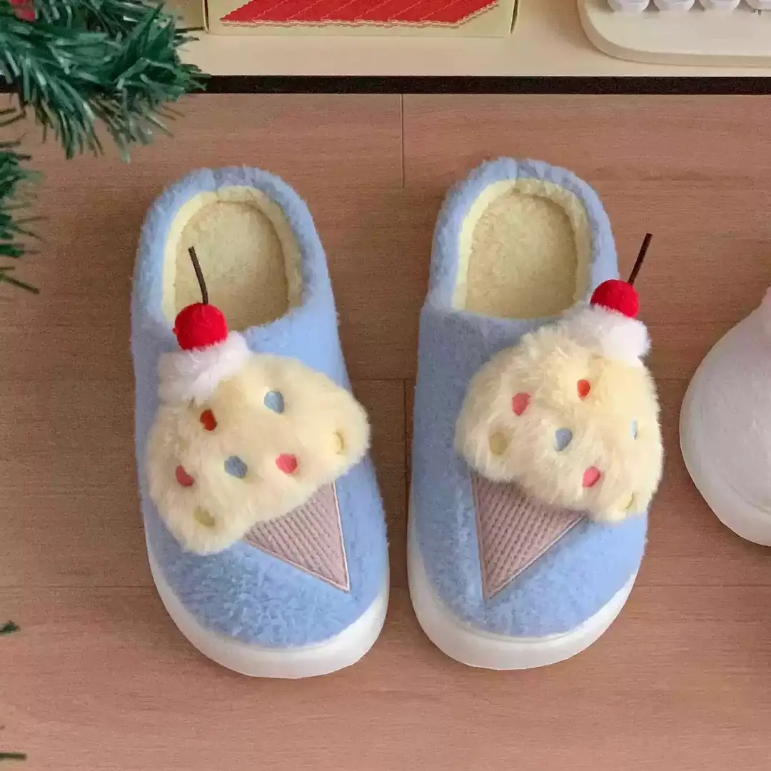 Cute Ice Cream Furry Shoes for Women to Wear in Winter Thick-Soled Non-Slip Home Indoor Warm Toe Plush Cotton Slippers - Image 2