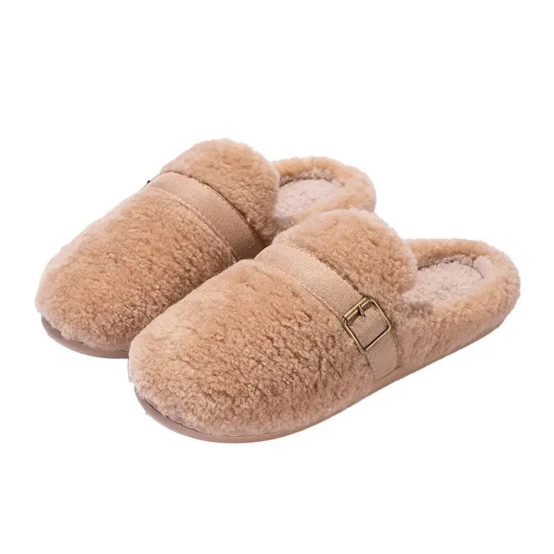 Trendy White Flat Furry Slippers for Women 2025 New Autumn and Winter Outdoor Wear Plush Soft Sole Closed-Toe Cotton Slippers - Image 2