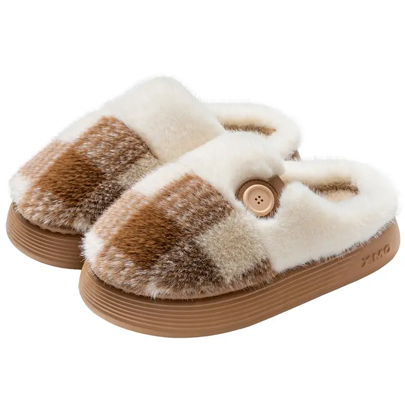 Women's Warm Plush Confinement Slippers Brown White