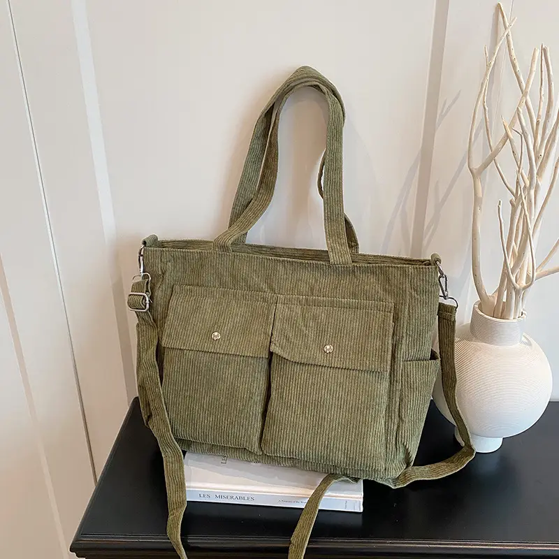 Korean Style Corduroy Tote Bag Large Capacity Brown - Image 8