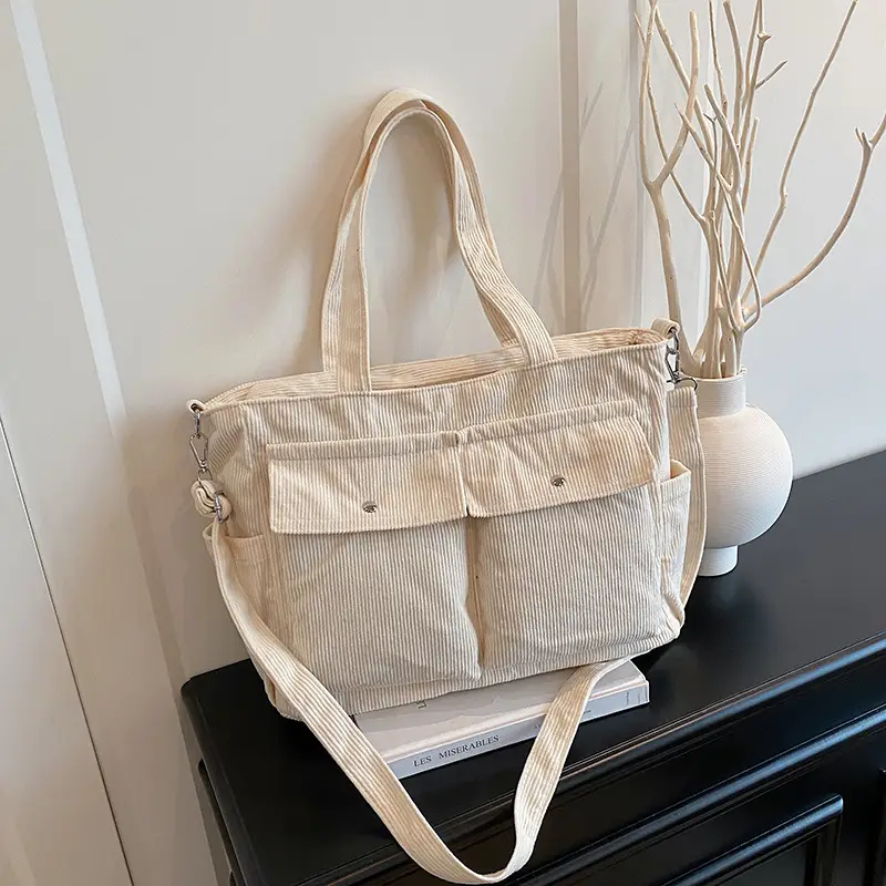Korean Style Corduroy Tote Bag Large Capacity Brown - Image 9