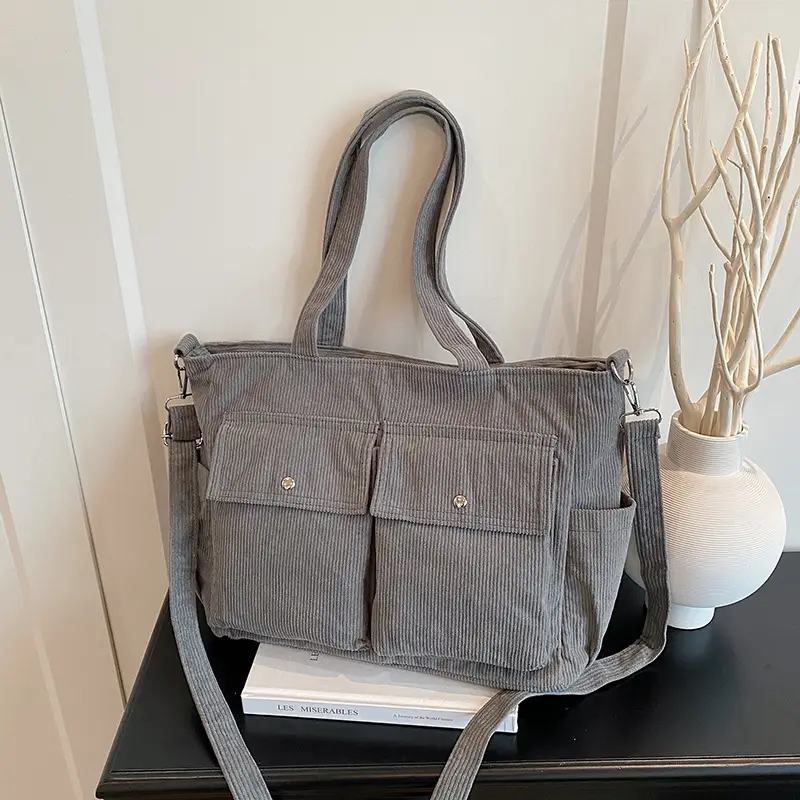 Korean Style Corduroy Tote Bag Large Capacity Brown - Image 10