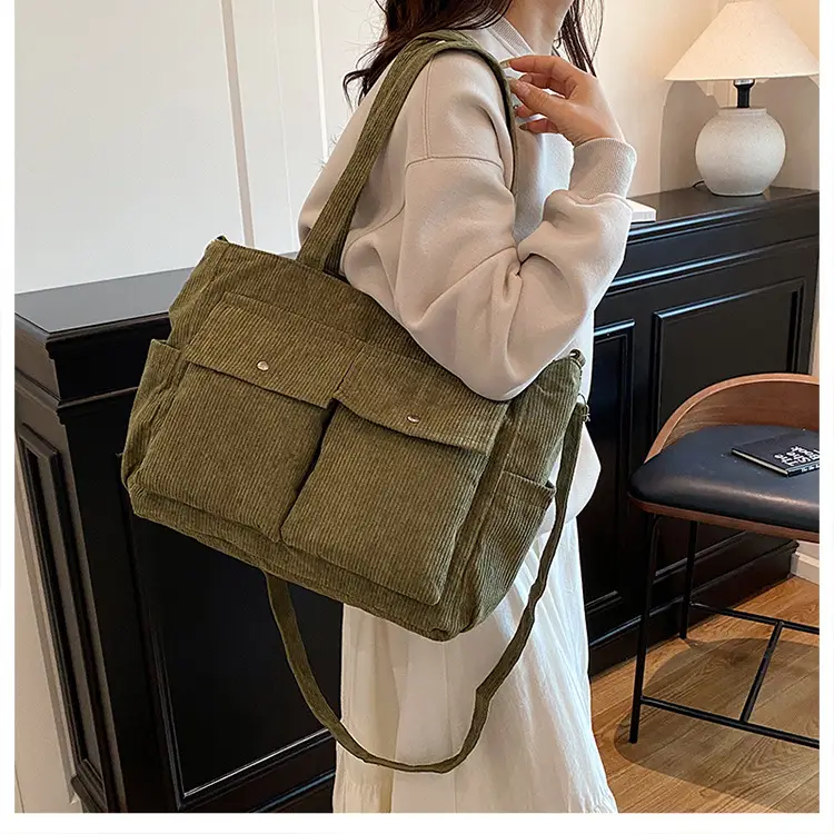 Korean Style Corduroy Tote Bag Large Capacity Brown — feature 11