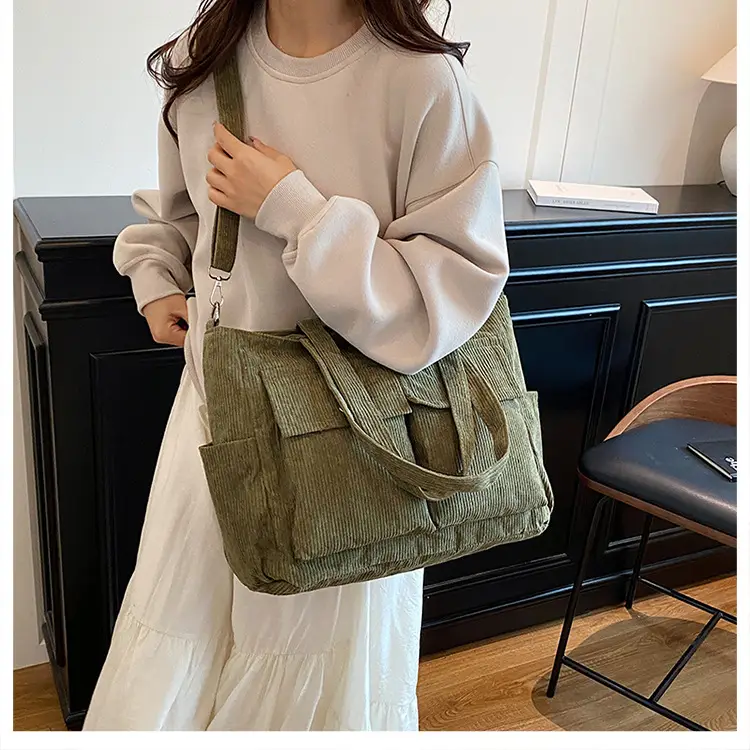 Korean Style Corduroy Tote Bag Large Capacity Brown — feature 12
