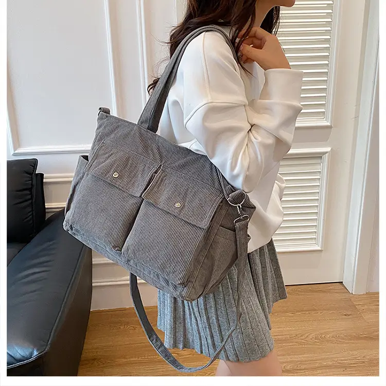 Korean Style Corduroy Tote Bag Large Capacity Brown — feature 16