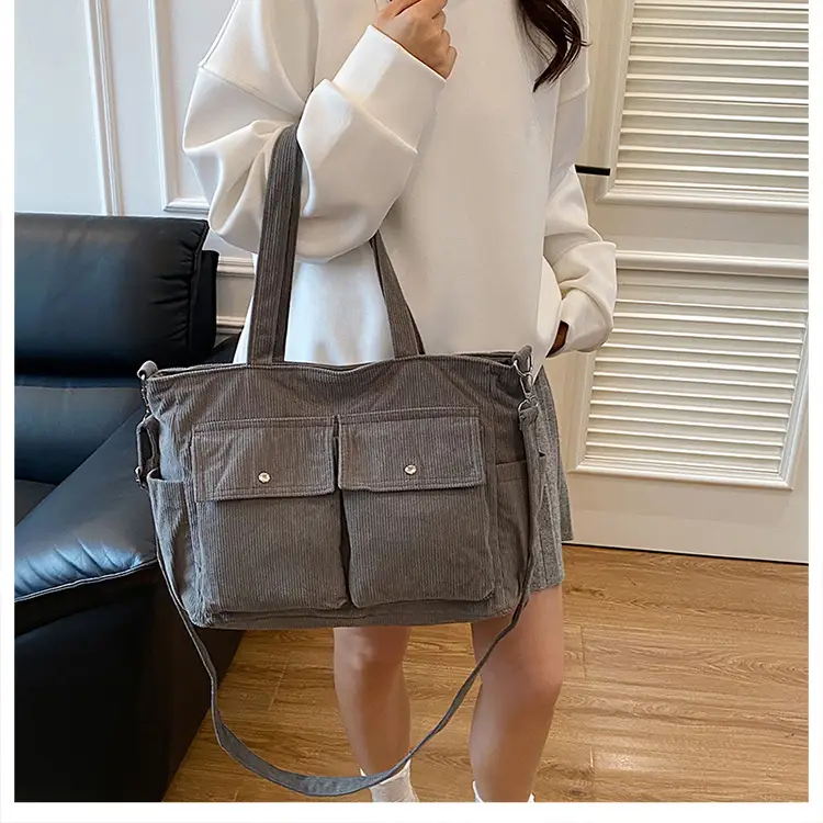 Korean Style Corduroy Tote Bag Large Capacity Brown — feature 17