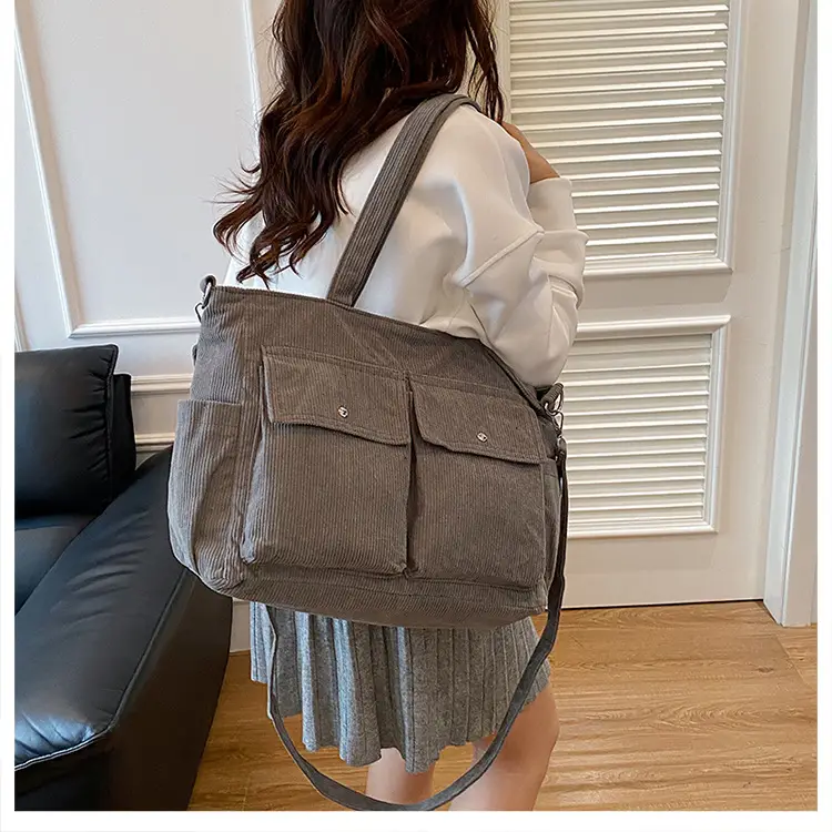 Korean Style Corduroy Tote Bag Large Capacity Brown — feature 18