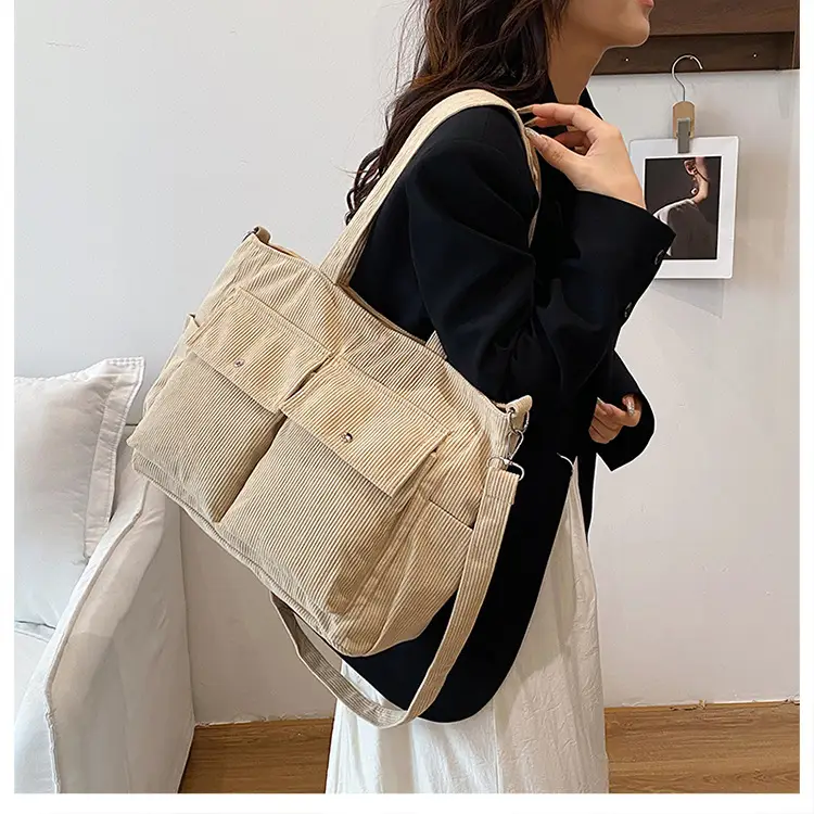 Korean Style Corduroy Tote Bag Large Capacity Brown — feature 19