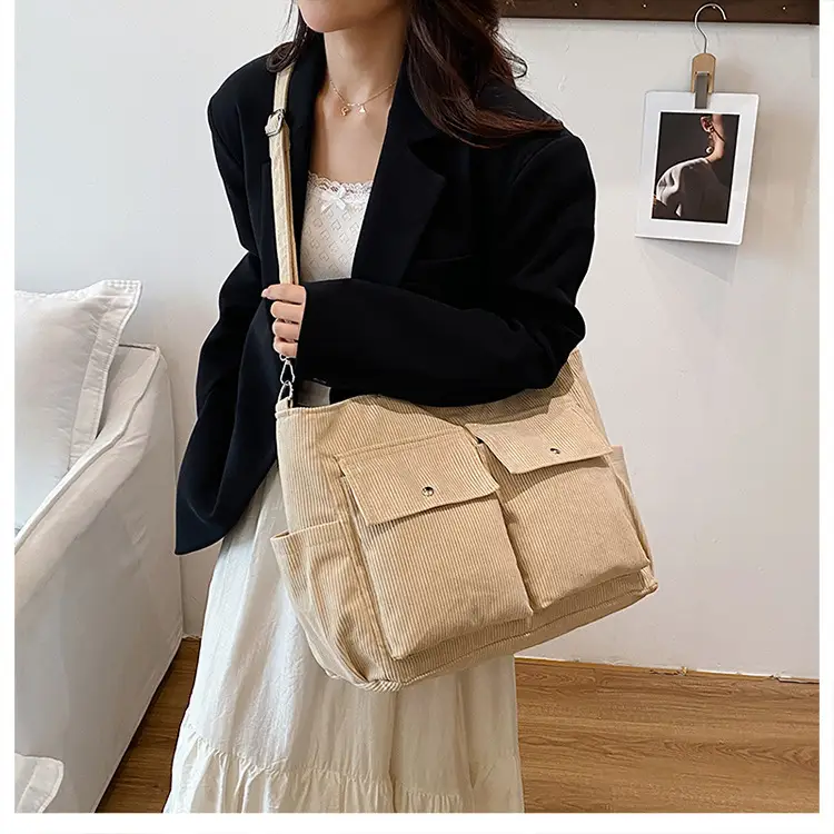 Korean Style Corduroy Tote Bag Large Capacity Brown — feature 20