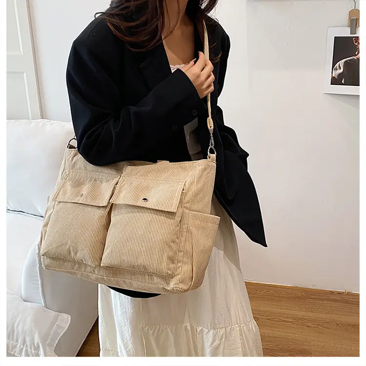 Korean Style Corduroy Tote Bag Large Capacity Brown — feature 21