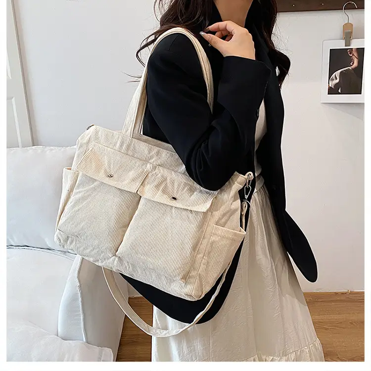 Korean Style Corduroy Tote Bag Large Capacity Brown — feature 22