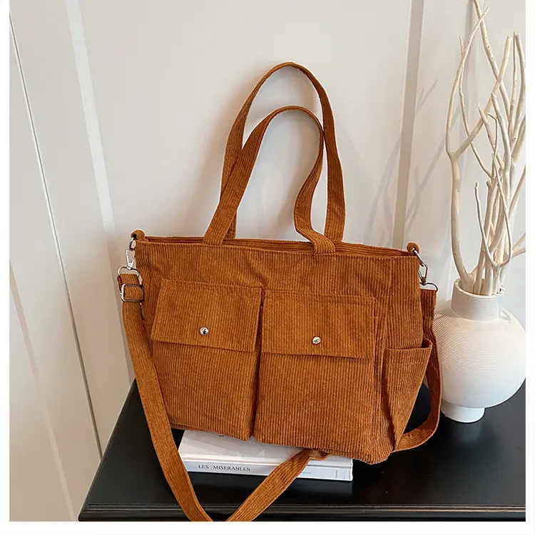 Korean Style Corduroy Tote Bag Large Capacity Brown — feature 27