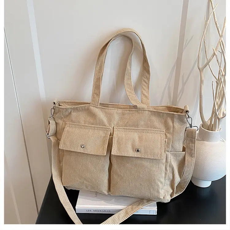 Korean Style Corduroy Tote Bag Large Capacity Brown — feature 29