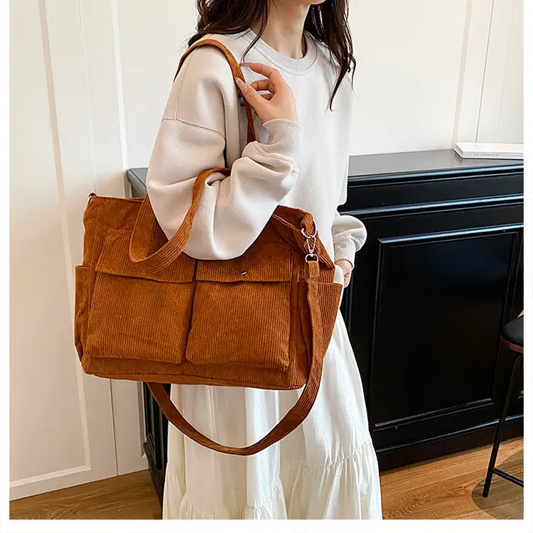 Korean Style Corduroy Tote Bag Large Capacity Brown — feature 8
