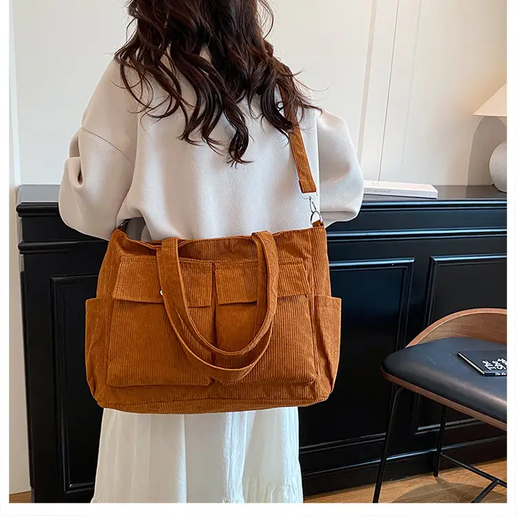 Korean Style Corduroy Tote Bag Large Capacity Brown — feature 9