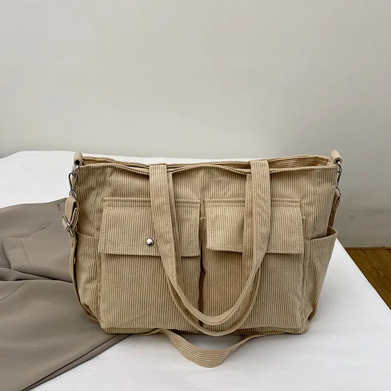 Korean Style Corduroy Tote Bag Large Capacity Brown - Image 2